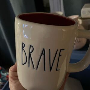 Rae Dunn White Mug with Red Interior and Blue Lettering - BRAVE